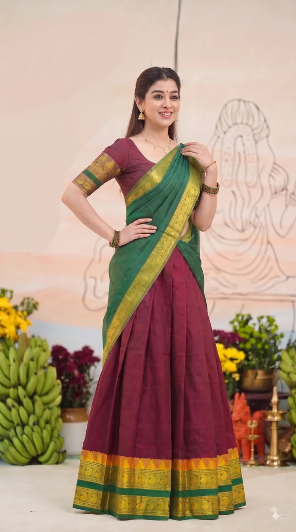 Traditional_Ruby_Maroon_Half_Saree_with_Green_Dhavani