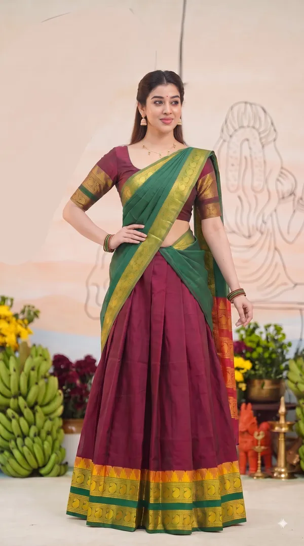 Traditional_Ruby_Maroon_Half_Saree_with_Green_Dhavani