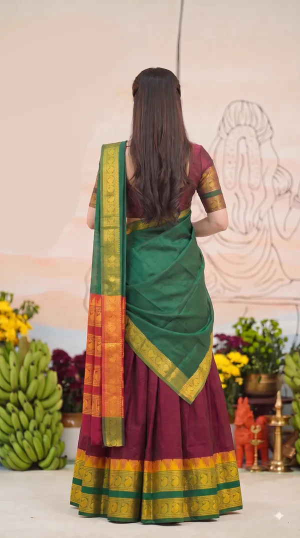 Traditional_Ruby_Maroon_Half_Saree_with_Green_Dhavani