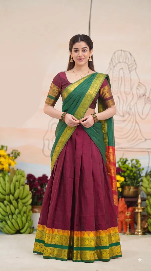 Traditional_Ruby_Maroon_Half_Saree_with_Green_Dhavani