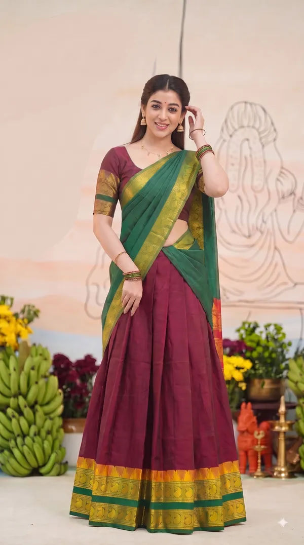 Traditional_Ruby_Maroon_Half_Saree_with_Green_Dhavani