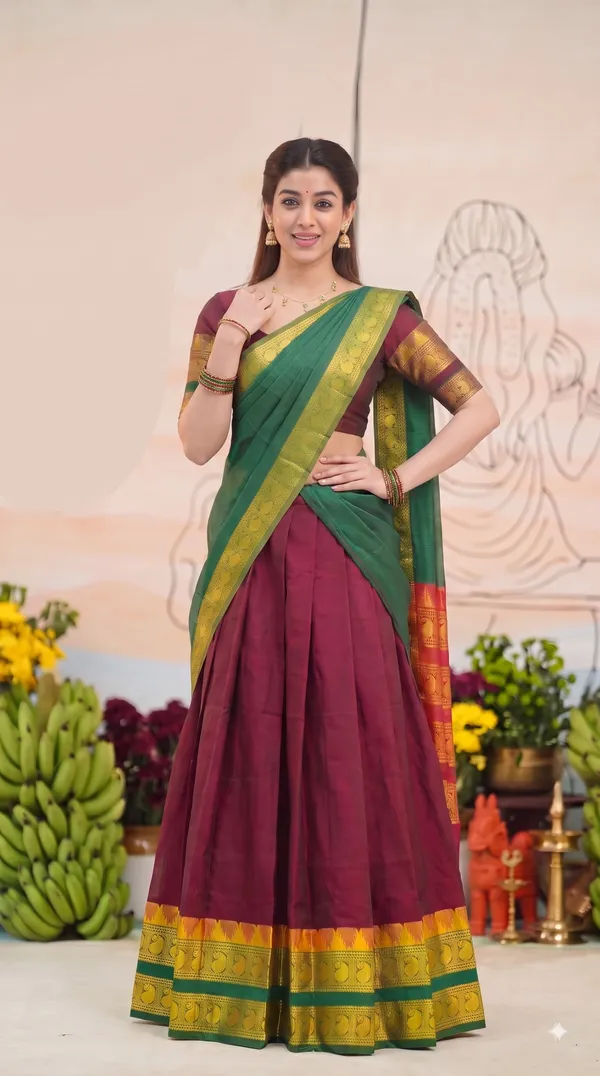 Traditional_Ruby_Maroon_Half_Saree_with_Green_Dhavani