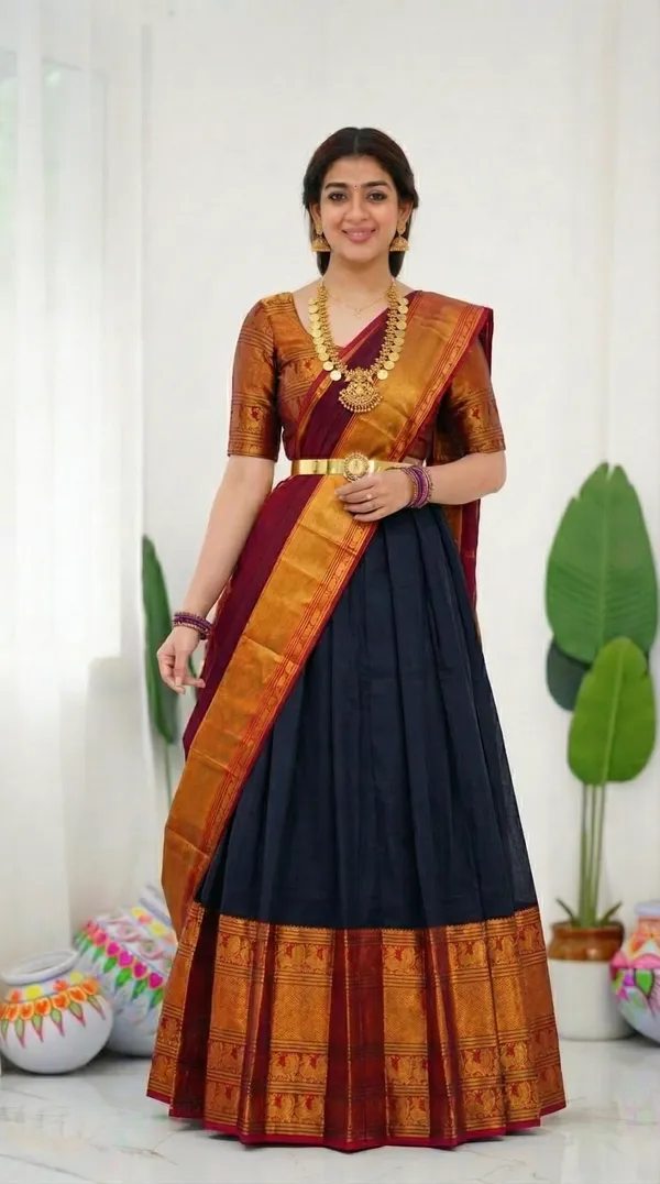 Kanjivaram_Silk_Zari_Half_Saree_stitched-Lehenga_With_Blouse_Along_With_Banarsi_Silk