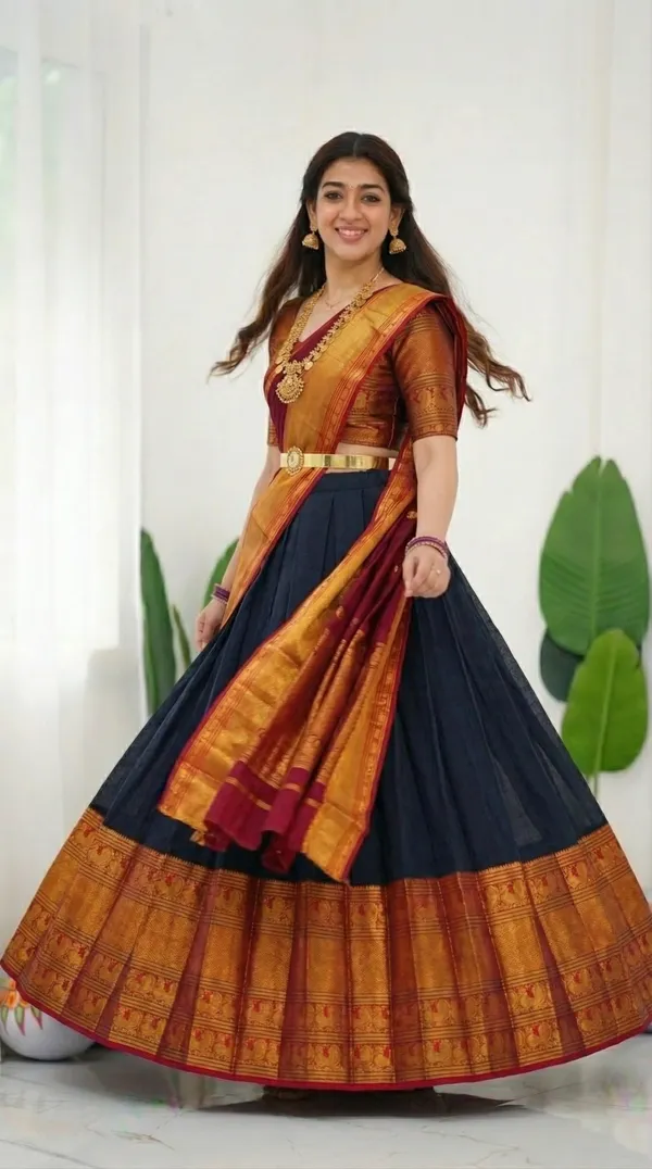 Kanjivaram_Silk_Zari_Half_Saree_stitched-Lehenga_With_Blouse_Along_With_Banarsi_Silk