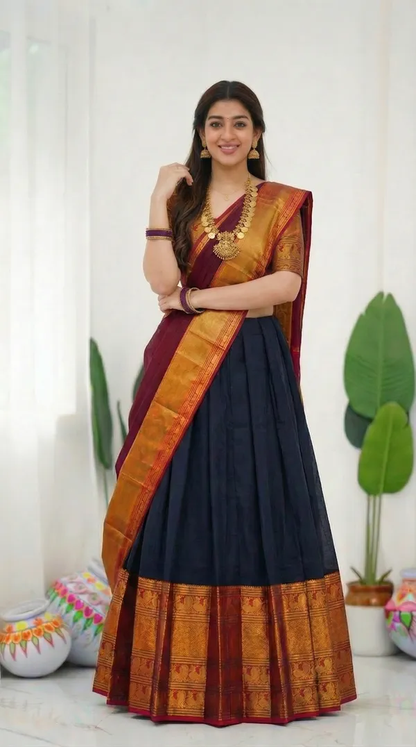 Kanjivaram_Silk_Zari_Half_Saree_stitched-Lehenga_With_Blouse_Along_With_Banarsi_Silk