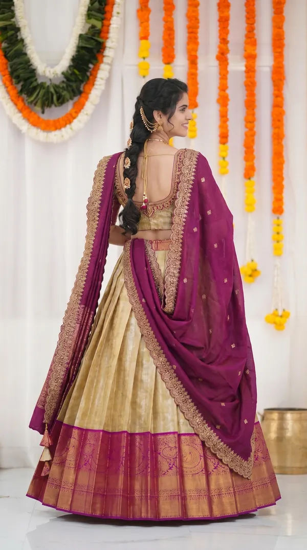 Kanjivaram_Silk_Zari_Half_Saree_stitched-Lehenga_With_Blouse_Along_With_Banarsi_Silk