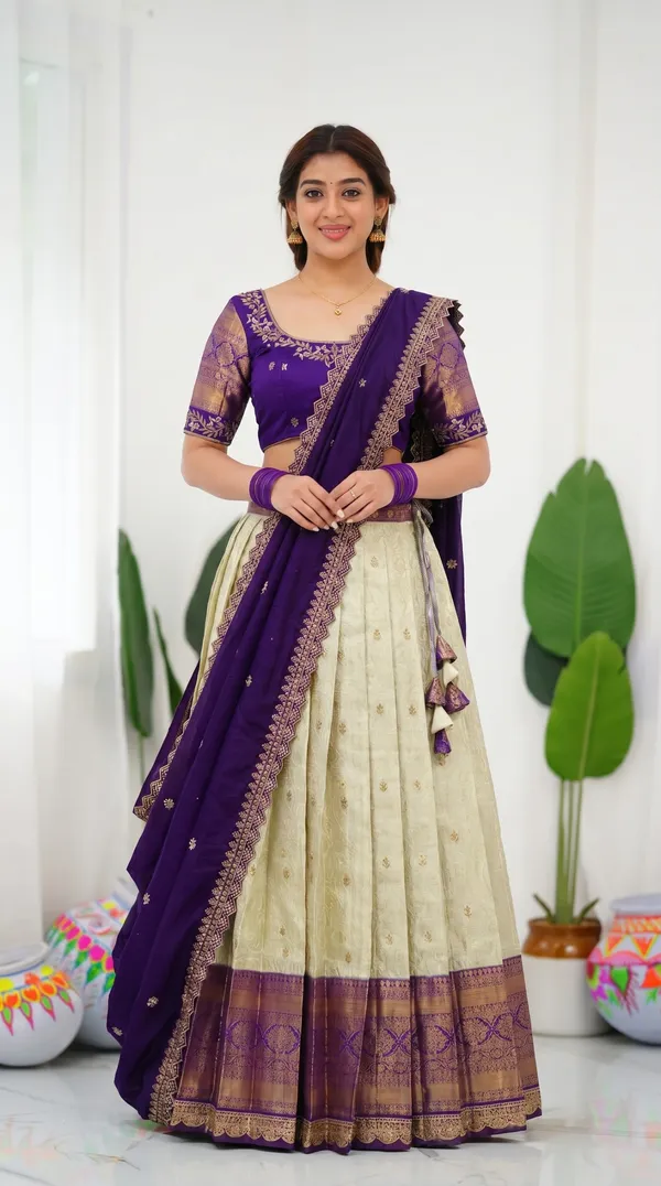 Kanjivaram_Silk_Zari_Half_Saree_stitched-Lehenga_With_Blouse_Along_With_Banarsi_Silk