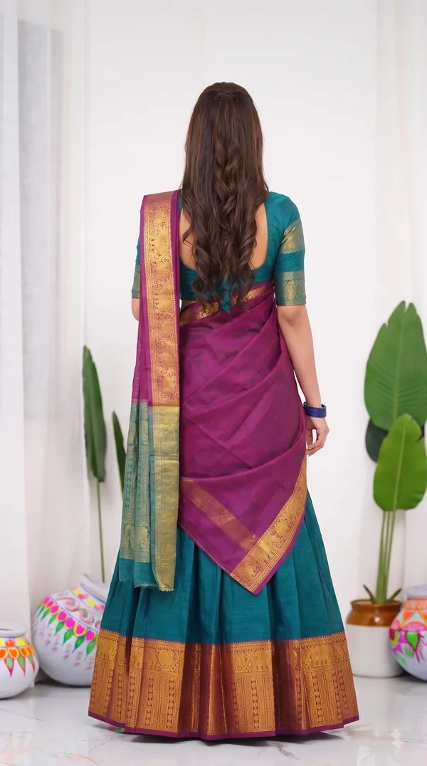 Traditional_Teal_Green_Half_Saree_with_Wine_Dhavani