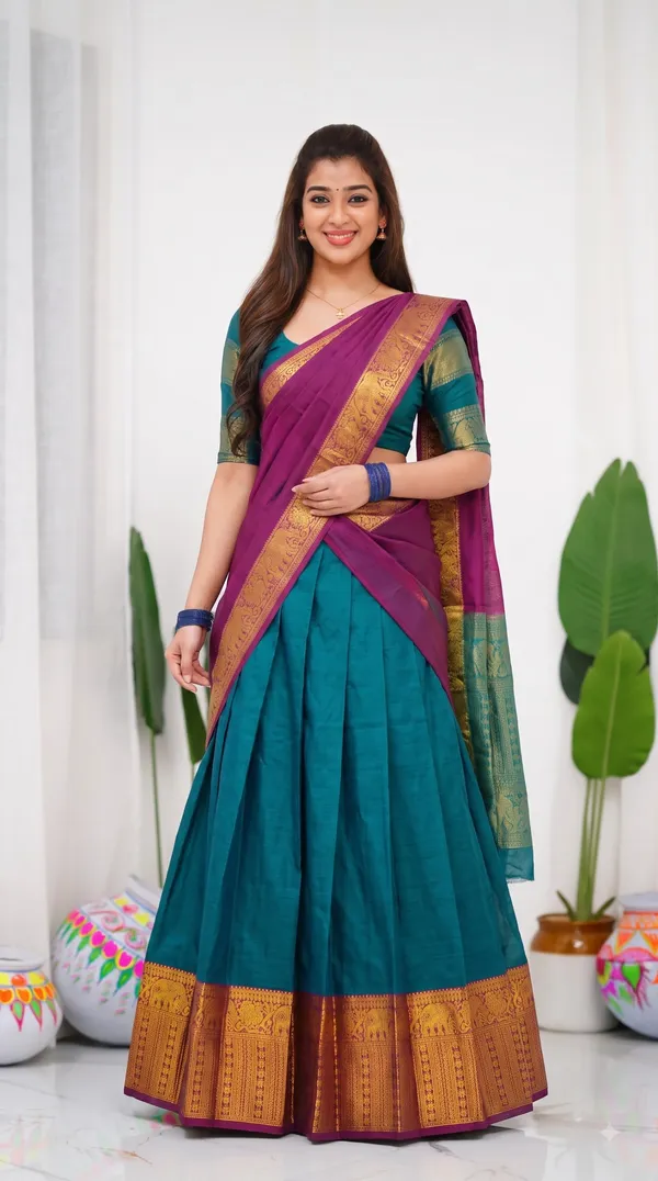 Traditional_Teal_Green_Half_Saree_with_Wine_Dhavani