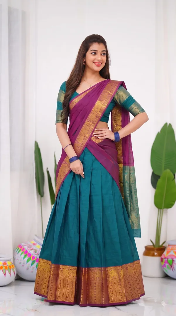 Traditional_Teal_Green_Half_Saree_with_Wine_Dhavani