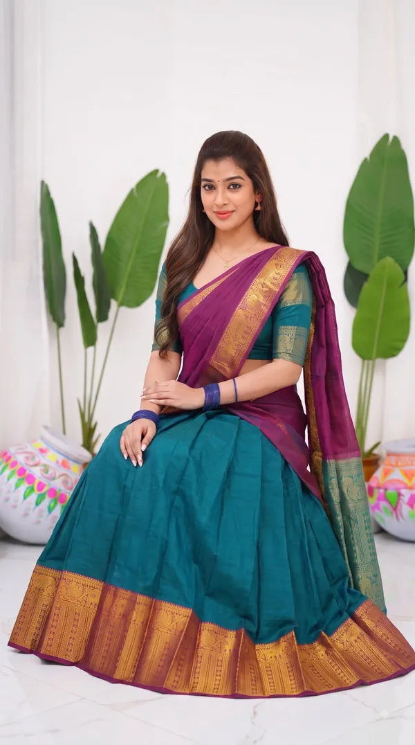 Traditional_Teal_Green_Half_Saree_with_Wine_Dhavani