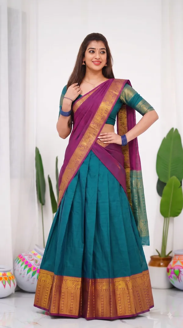 Traditional_Teal_Green_Half_Saree_with_Wine_Dhavani