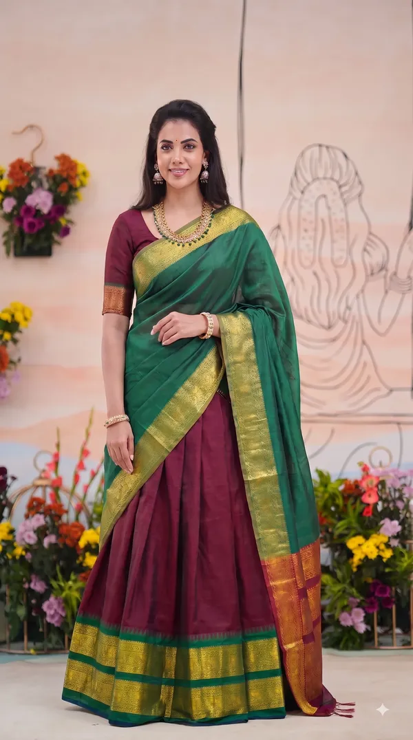 Traditional_Ruby_Maroon_Half_Saree_with_Green_Dhavani