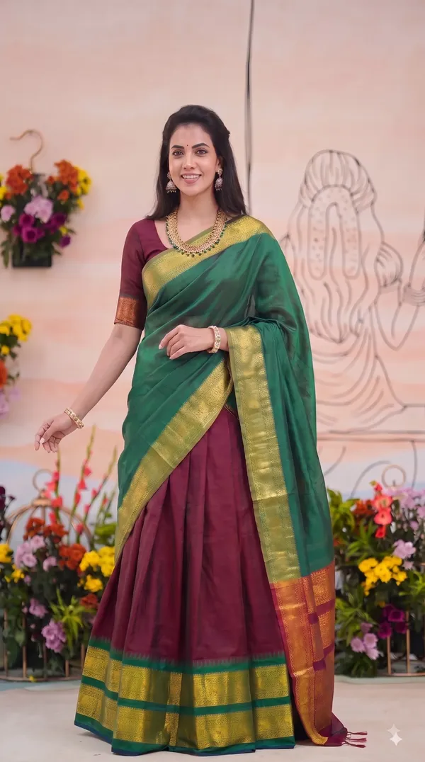 Traditional_Ruby_Maroon_Half_Saree_with_Green_Dhavani