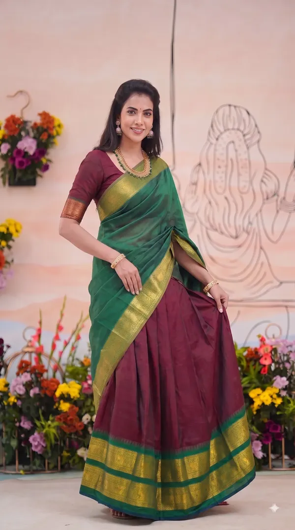 Traditional_Ruby_Maroon_Half_Saree_with_Green_Dhavani