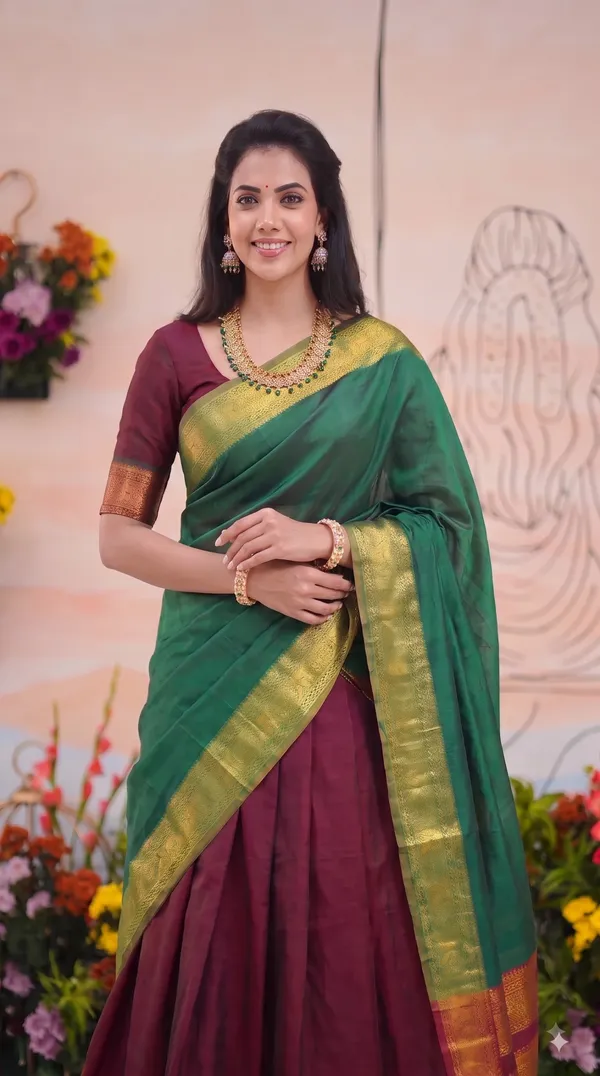 Traditional_Ruby_Maroon_Half_Saree_with_Green_Dhavani