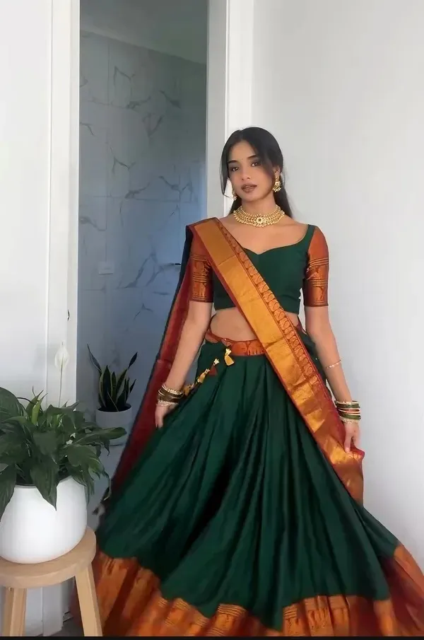 Kanjivaram_Silk_Zari_Half_Saree_Lehenga_With_Blouse_Along_With_Banarsi_Silk_Dupatta