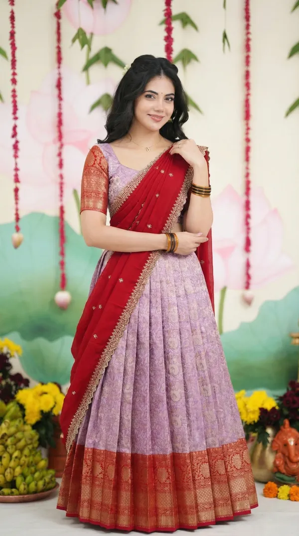 Kanjivaram_Silk_Zari_Half_Saree_stitched-Lehenga_With_Blouse_Along_With_Banarsi_Silk