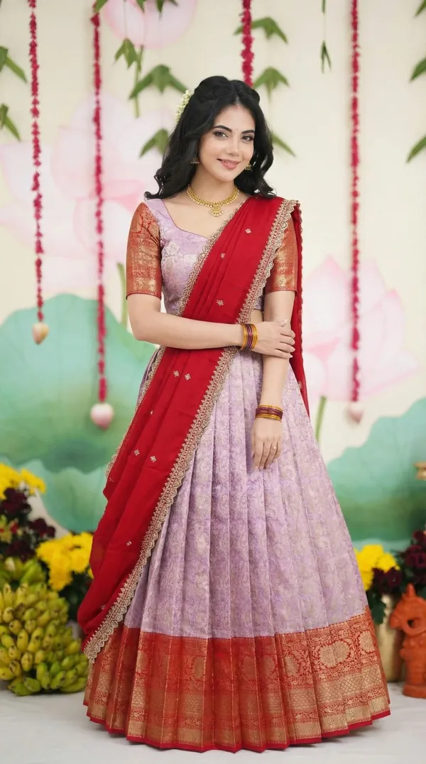 Kanjivaram_Silk_Zari_Half_Saree_stitched-Lehenga_With_Blouse_Along_With_Banarsi_Silk