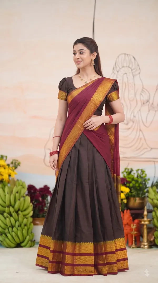 Traditional_Chocolate_Brown_Half_Saree_with_Red_Dhavani