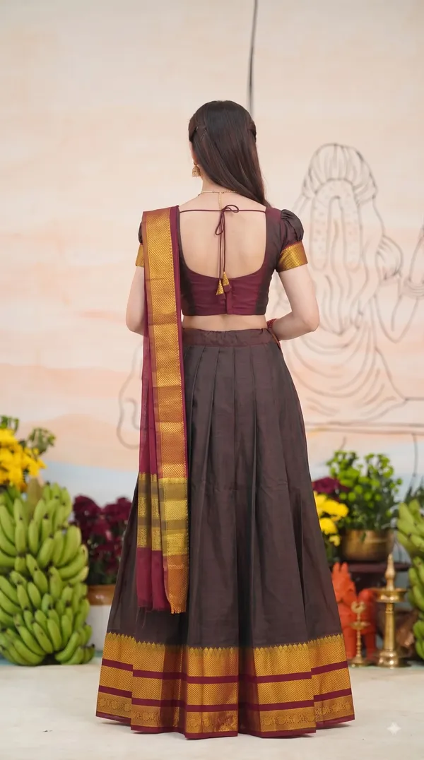 Traditional_Chocolate_Brown_Half_Saree_with_Red_Dhavani