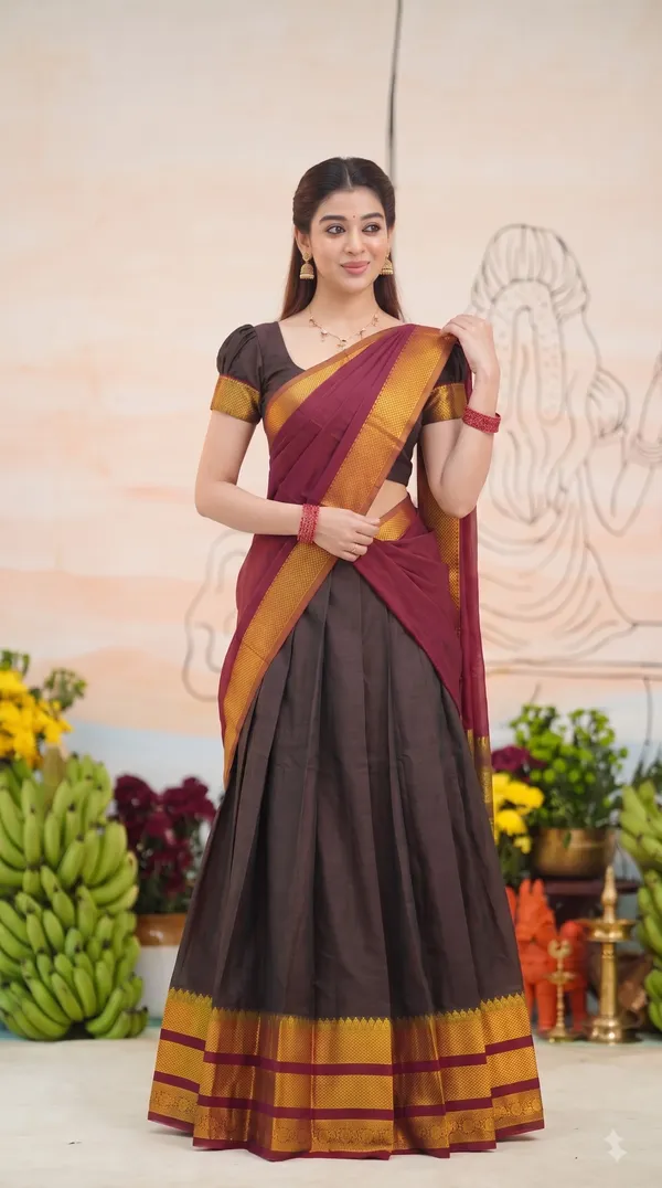 Traditional_Chocolate_Brown_Half_Saree_with_Red_Dhavani