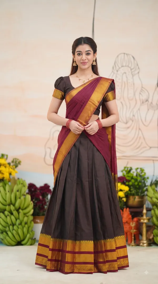 Traditional_Chocolate_Brown_Half_Saree_with_Red_Dhavani