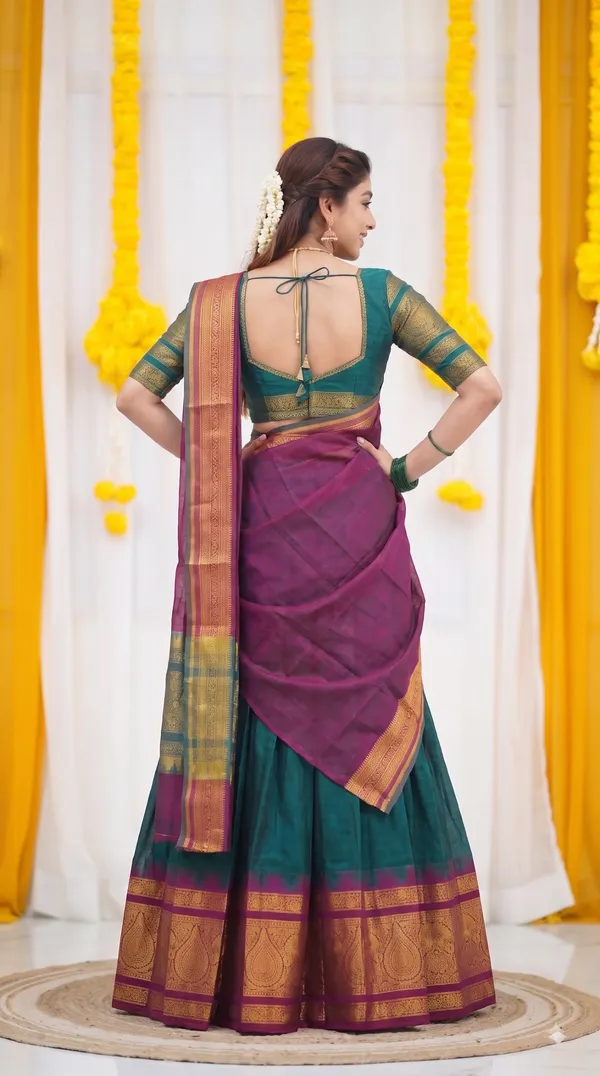 Traditional_Teal_Green_Half_Saree_with_Wine_Dhavani