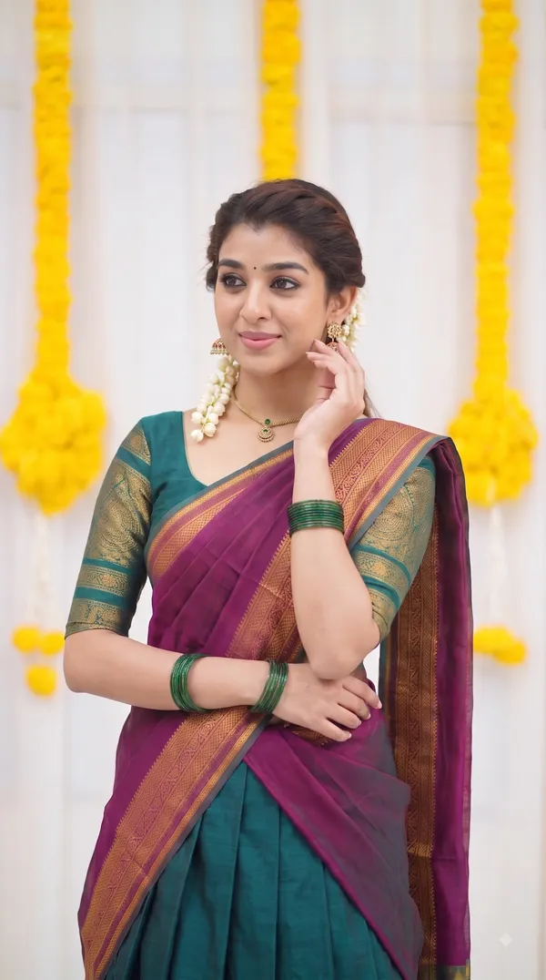 Traditional_Teal_Green_Half_Saree_with_Wine_Dhavani