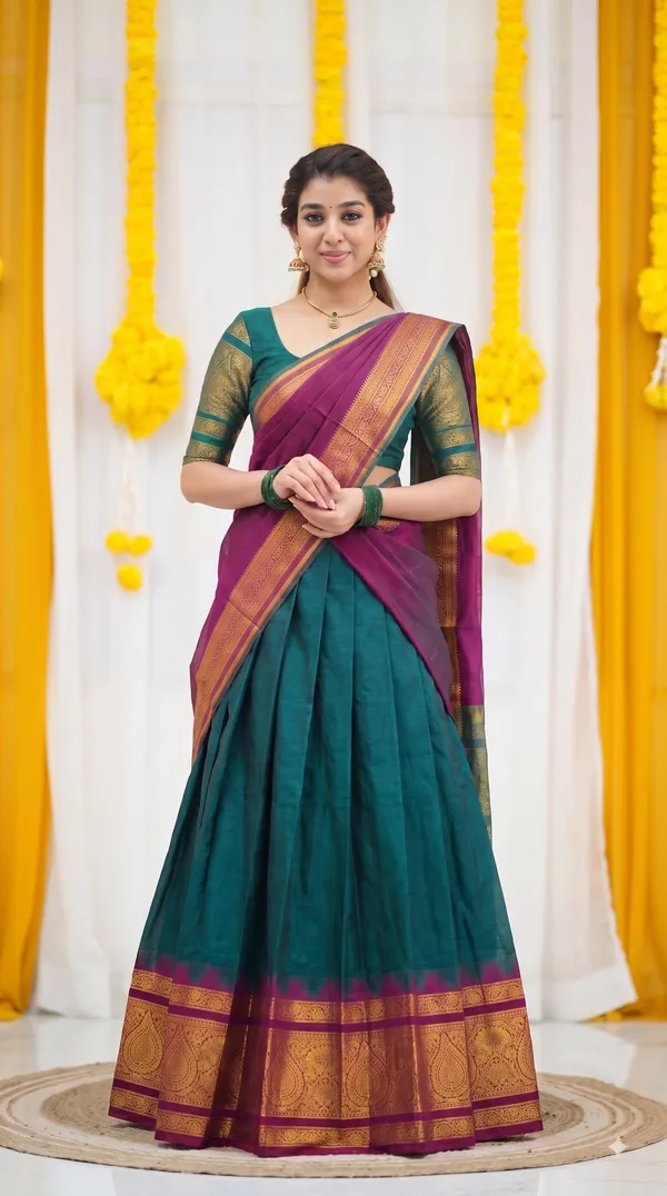 Traditional_Teal_Green_Half_Saree_with_Wine_Dhavani