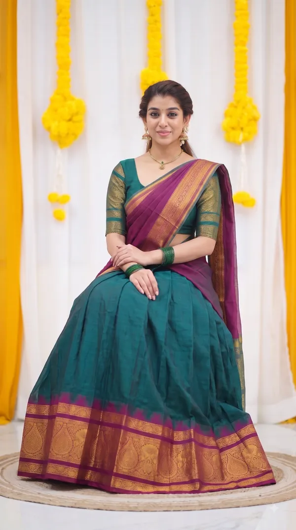 Traditional_Teal_Green_Half_Saree_with_Wine_Dhavani