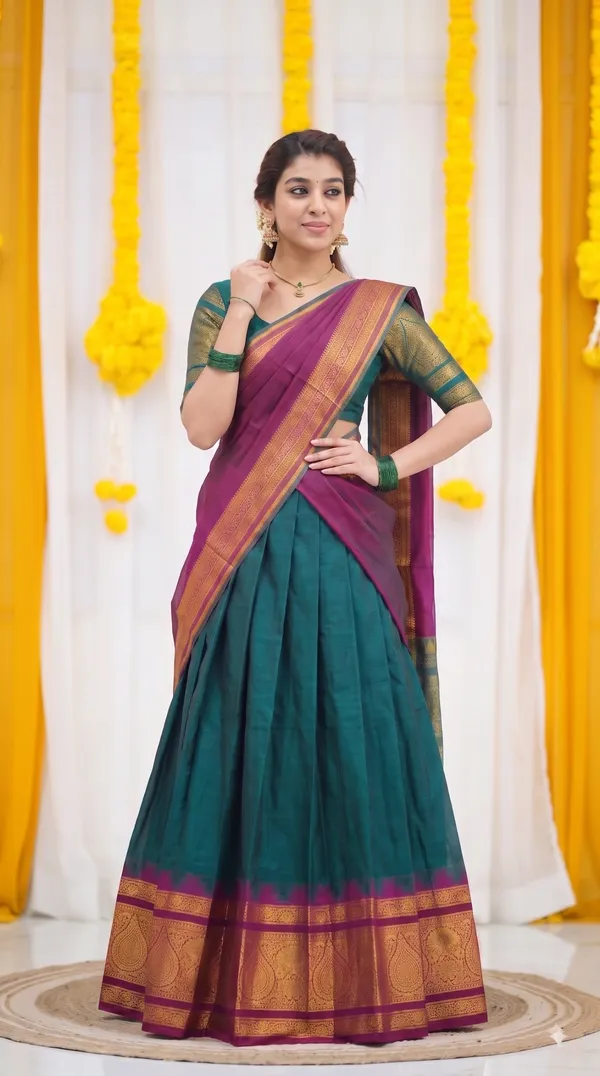 Traditional_Teal_Green_Half_Saree_with_Wine_Dhavani