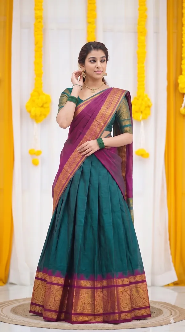 Traditional_Teal_Green_Half_Saree_with_Wine_Dhavani