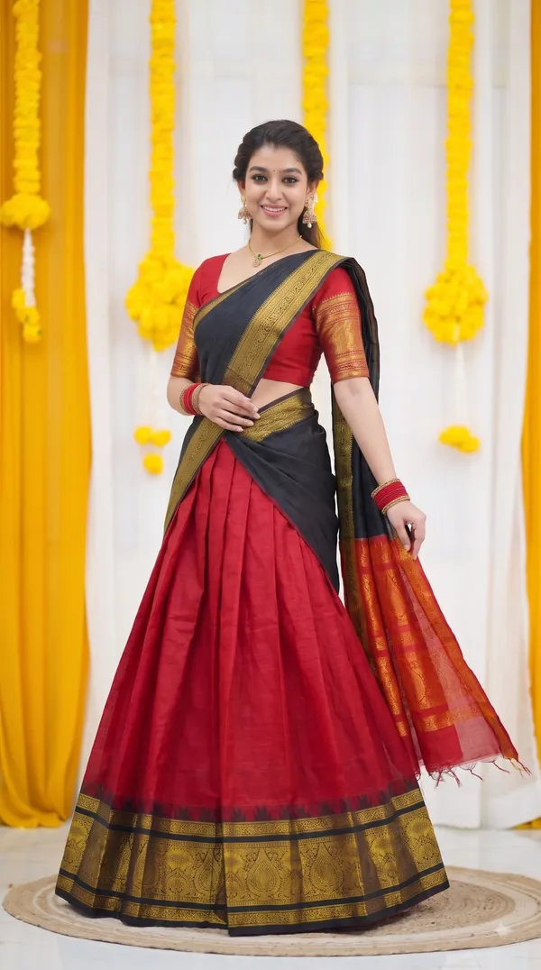 Traditional_Cherry_Red_Half_Saree_with_Black_Dhavani