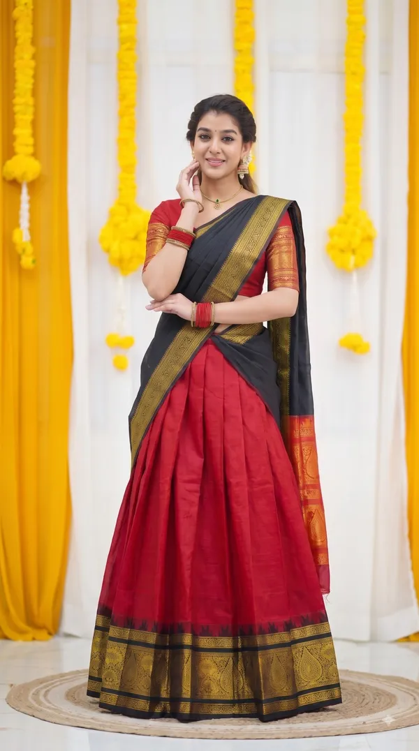 Traditional_Cherry_Red_Half_Saree_with_Black_Dhavani