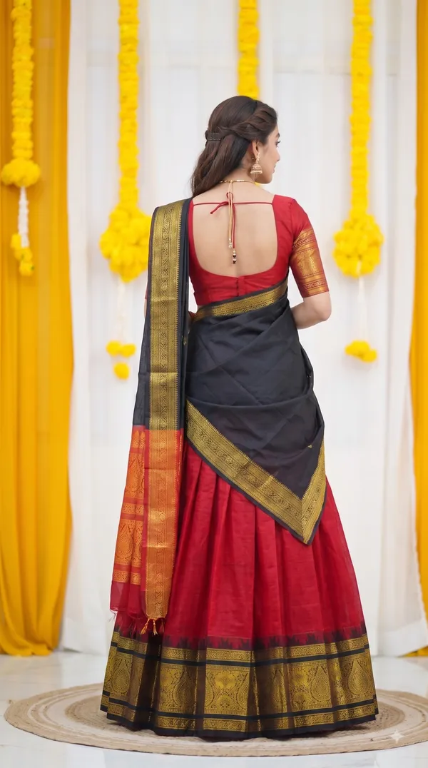 Traditional_Cherry_Red_Half_Saree_with_Black_Dhavani