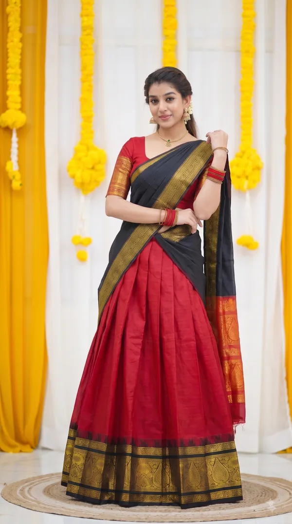 Traditional_Cherry_Red_Half_Saree_with_Black_Dhavani
