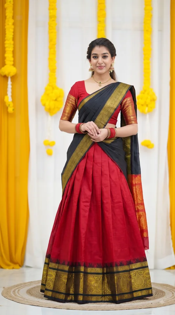 Traditional_Cherry_Red_Half_Saree_with_Black_Dhavani