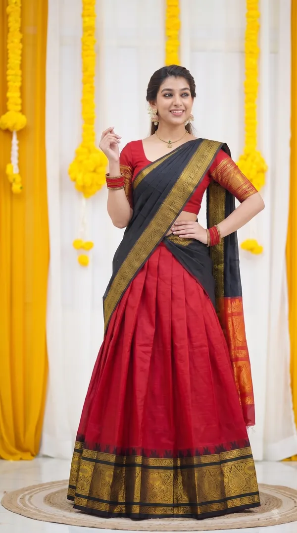 Traditional_Cherry_Red_Half_Saree_with_Black_Dhavani
