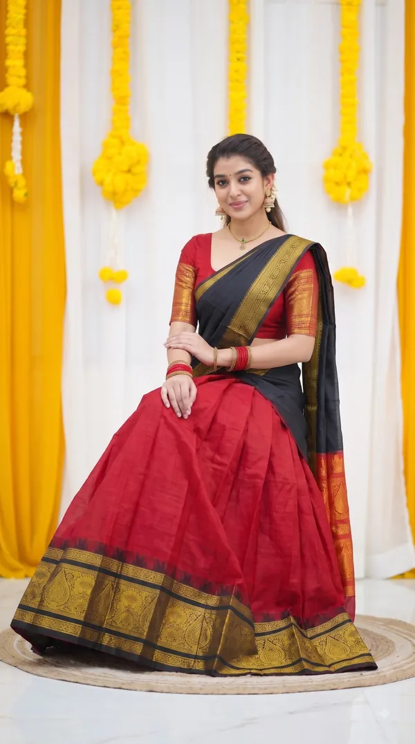 Traditional_Cherry_Red_Half_Saree_with_Black_Dhavani