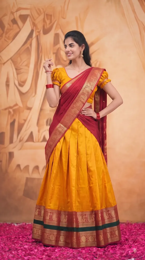 Traditional_Mustard_Gold_Half_Saree_with_Red_Dhavani