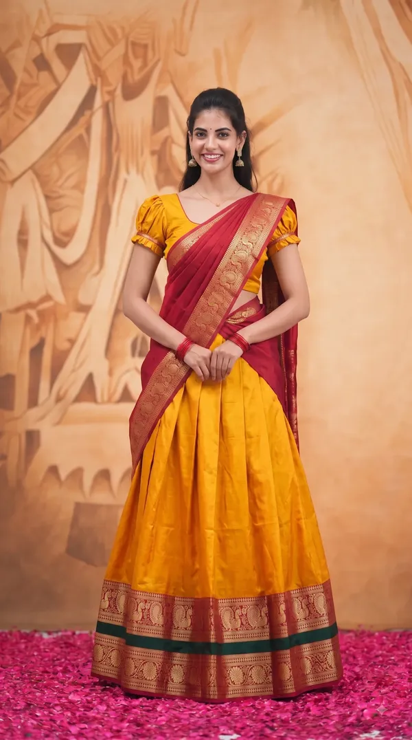 Traditional_Mustard_Gold_Half_Saree_with_Red_Dhavani
