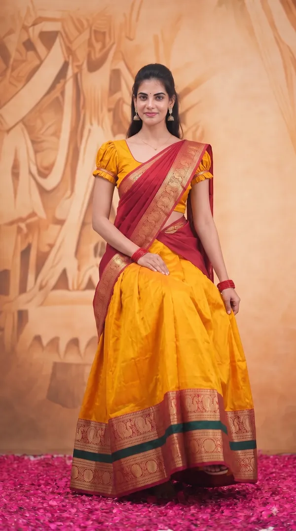 Traditional_Mustard_Gold_Half_Saree_with_Red_Dhavani
