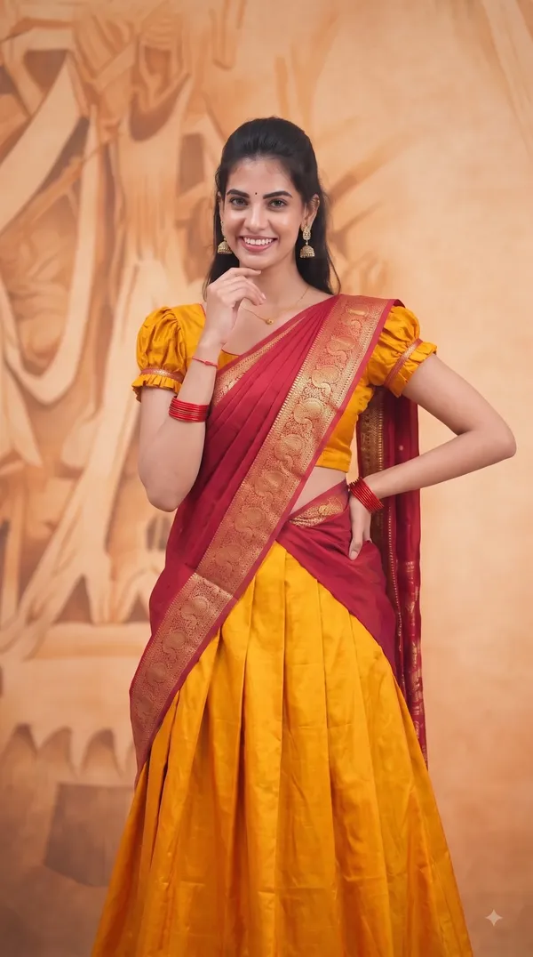 Traditional_Mustard_Gold_Half_Saree_with_Red_Dhavani
