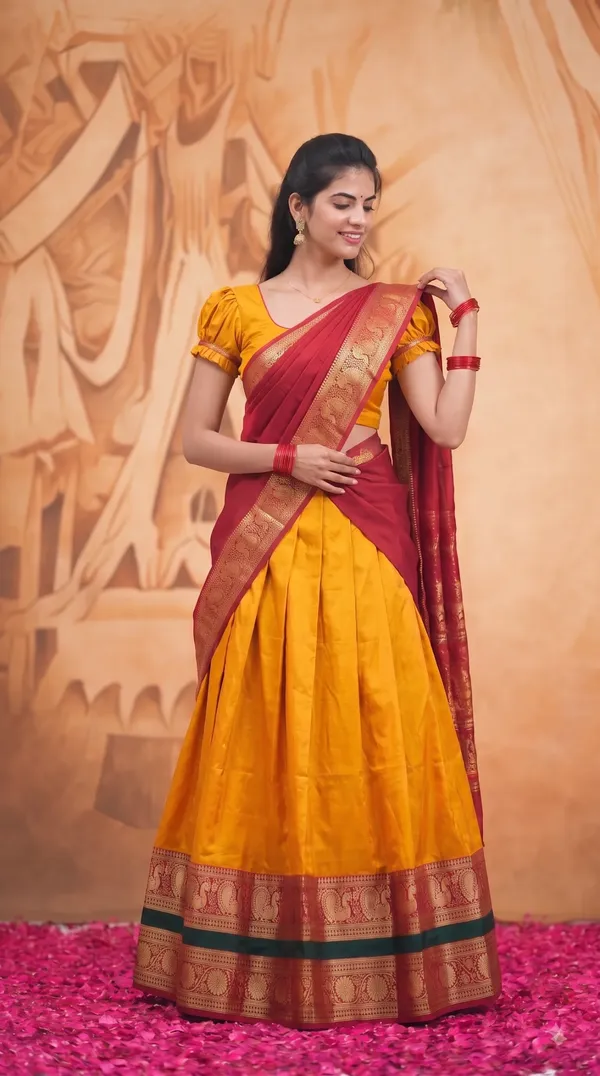 Traditional_Mustard_Gold_Half_Saree_with_Red_Dhavani