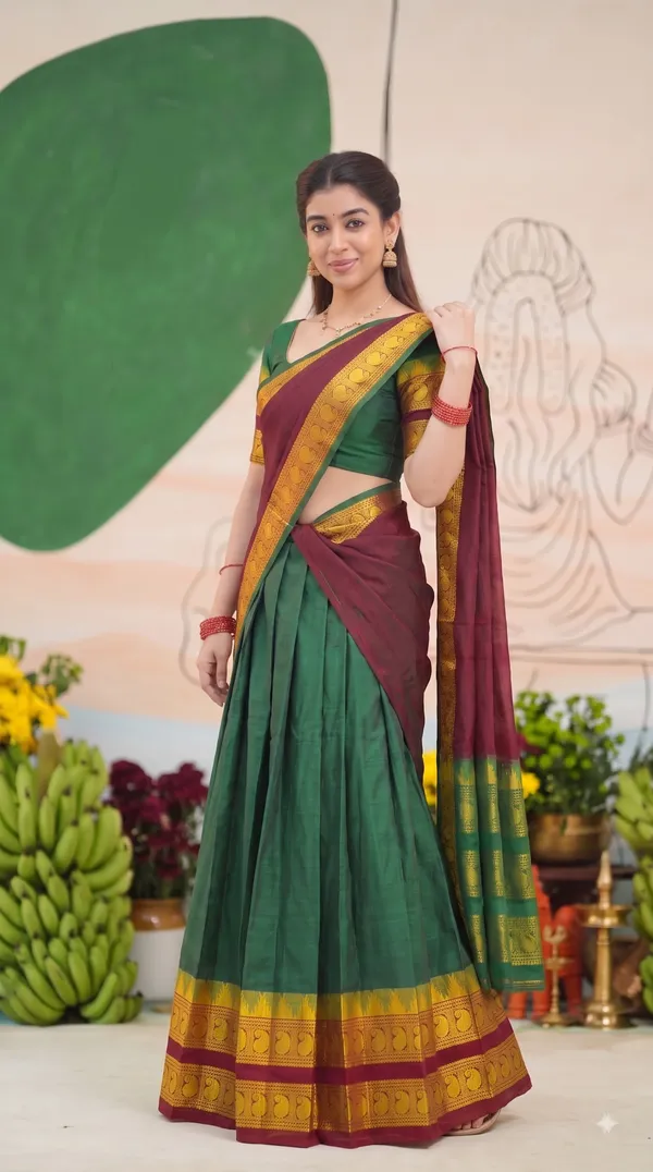 Traditional_Olive_Green_Half_Saree_with_Maroon_Dhavani