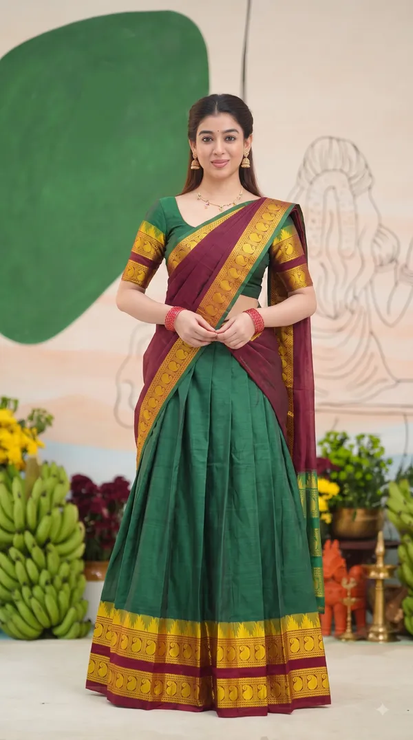 Traditional_Olive_Green_Half_Saree_with_Maroon_Dhavani