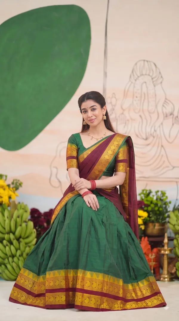 Traditional_Olive_Green_Half_Saree_with_Maroon_Dhavani