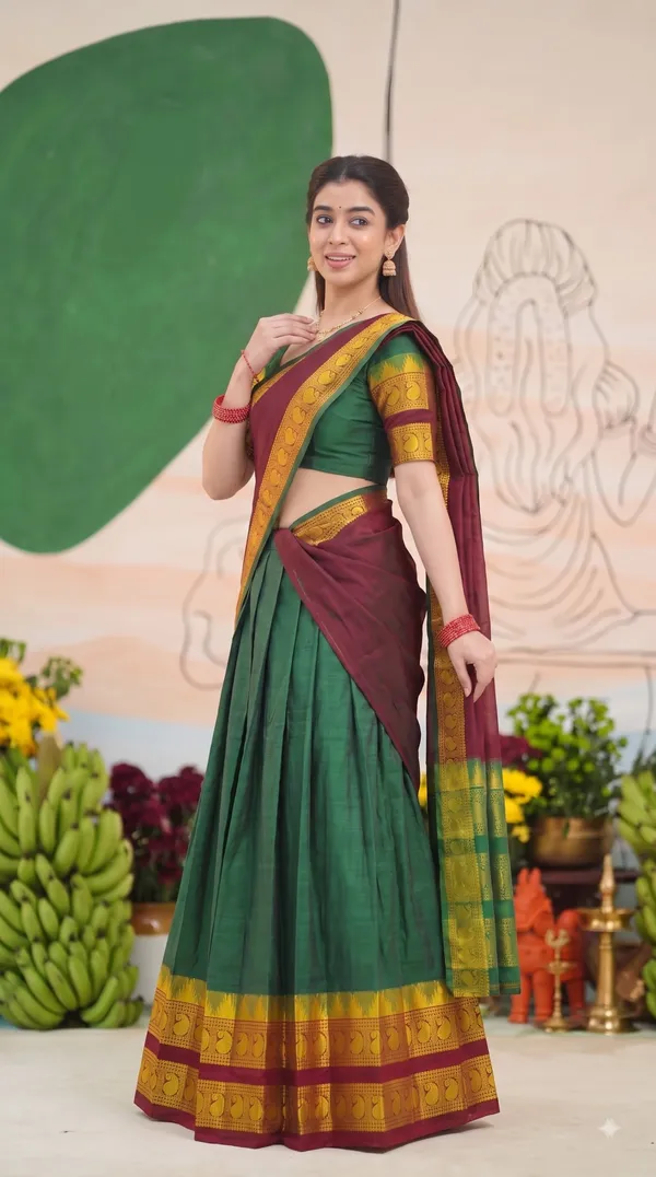 Traditional_Olive_Green_Half_Saree_with_Maroon_Dhavani