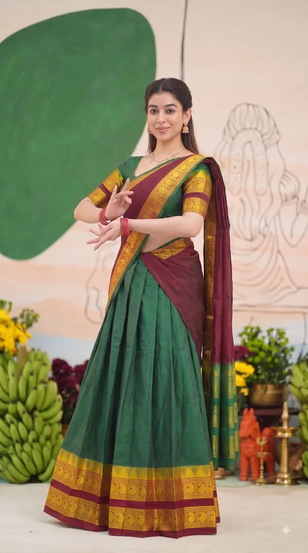 Traditional_Olive_Green_Half_Saree_with_Maroon_Dhavani